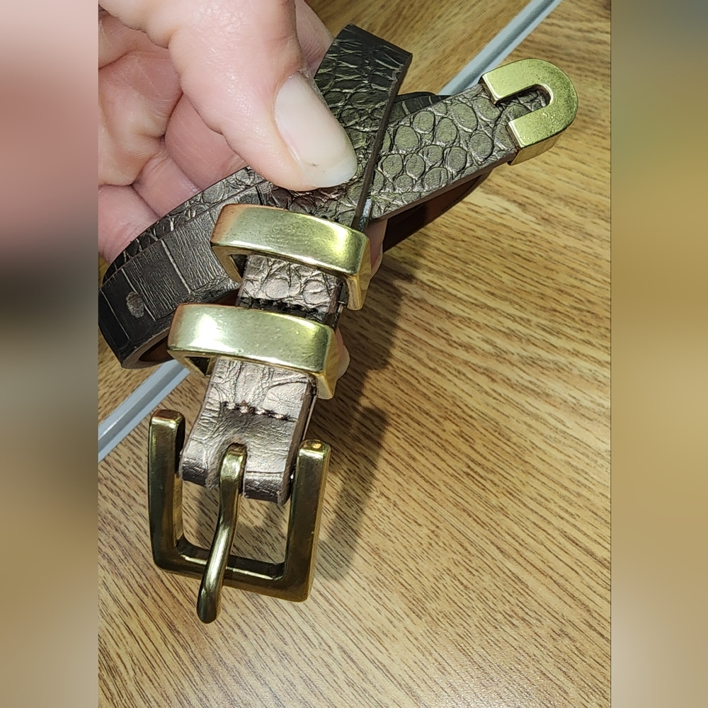 Chaps Skinny Faux Leather Belt Gold Metal Tip 402194077/1HJ Shiny Brown Animal P